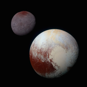 Identically processed enhanced-color views of Pluto and Charon Public Domain; Created: 21 September 2015